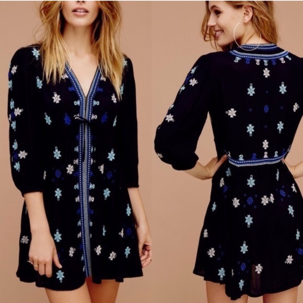 Free People Star Gazer Embroidered Tunic Dress in Black Combo, size Small
